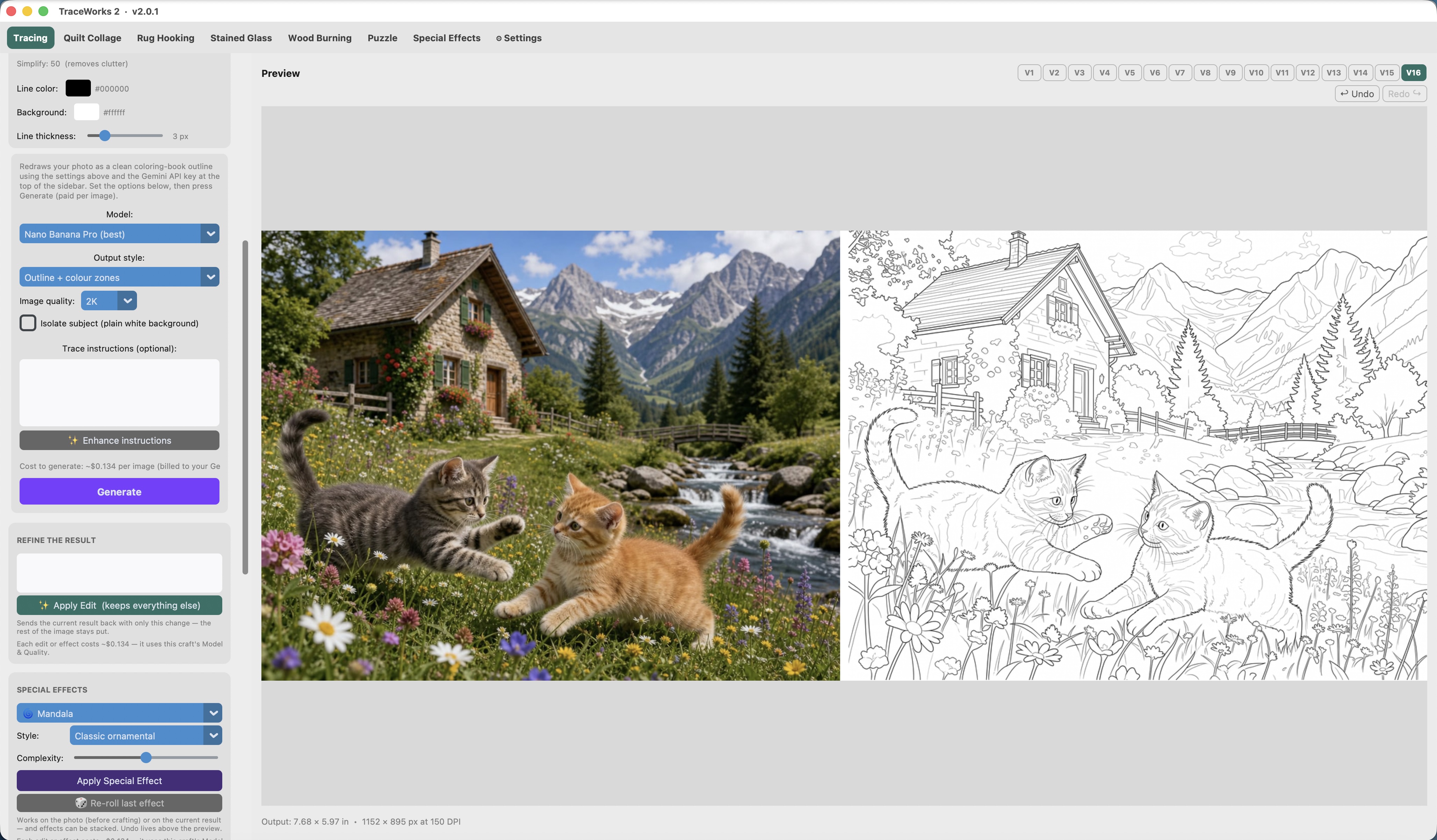 TraceWorks showing a meadow photo of two kittens beside its clean black-and-white outline pattern, side by side