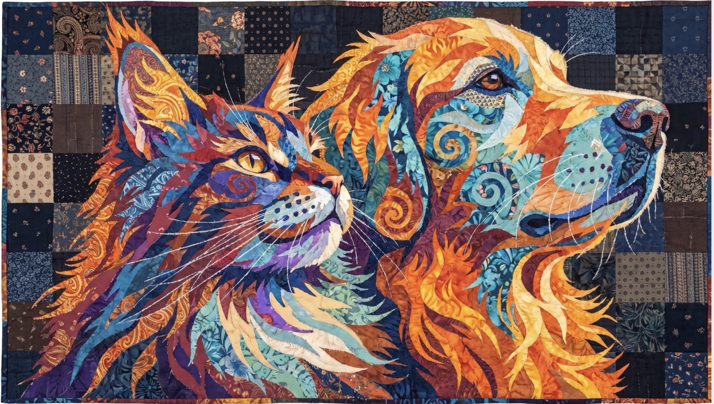 A cat and a golden retriever rebuilt as a fabric-collage quilt in TraceWorks, on a patchwork background