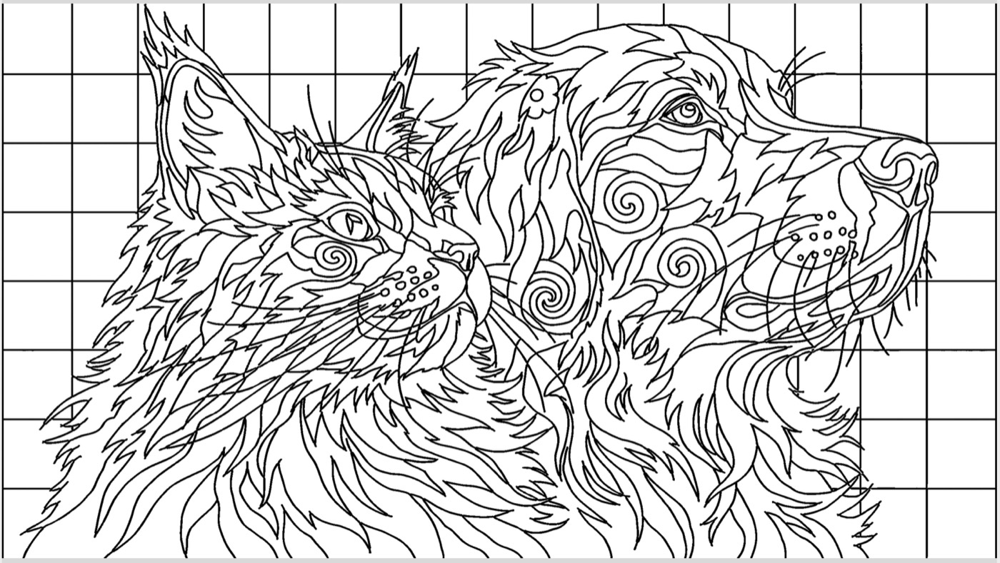 The same collage traced into a clean black-and-white placement pattern with a grid