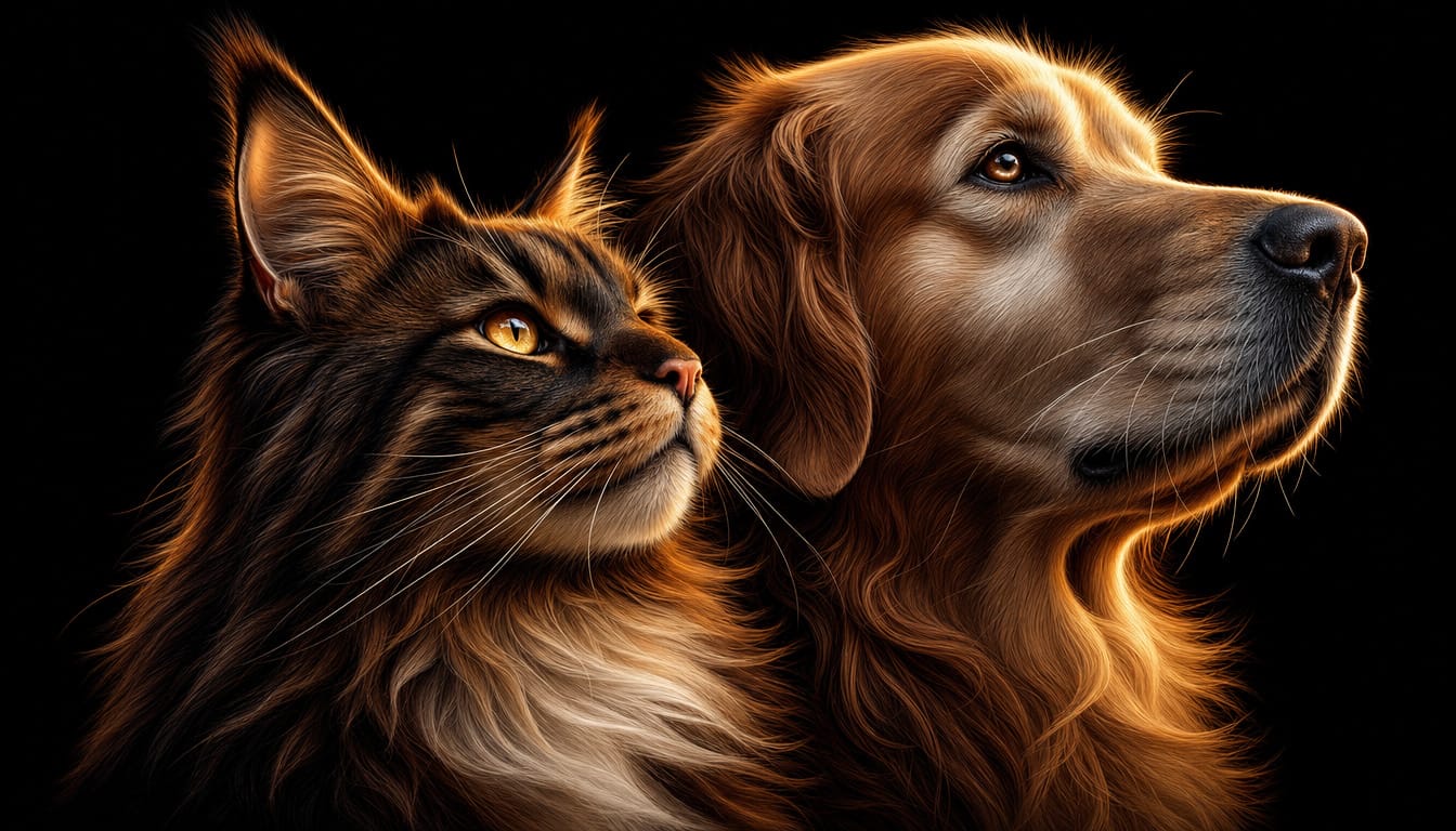 The original photo: a long-haired cat and a golden retriever side by side