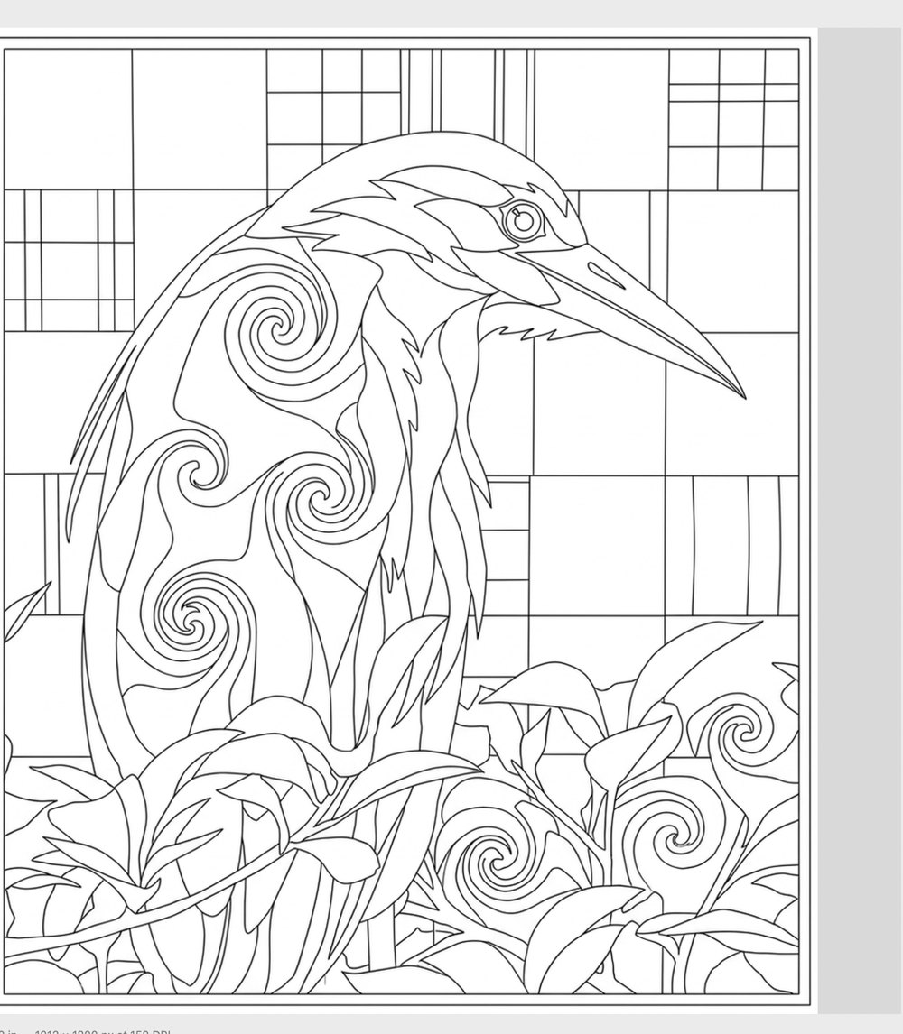 The same heron collage traced into a clean black-and-white outline pattern